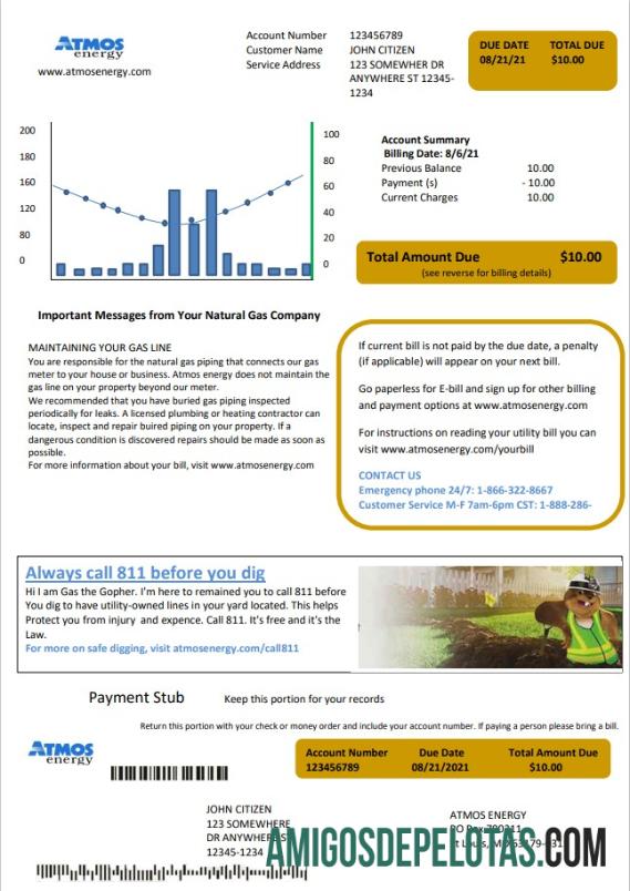 Para baixar modelo de conta de serviços públicos de energia Virginia Atmos dos EUA em formato Word e PDF (.doc e .pdf)